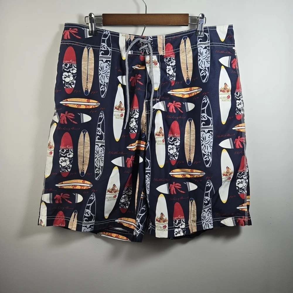 Nautica Blue and Red Swim Trunks with Surfboard Design